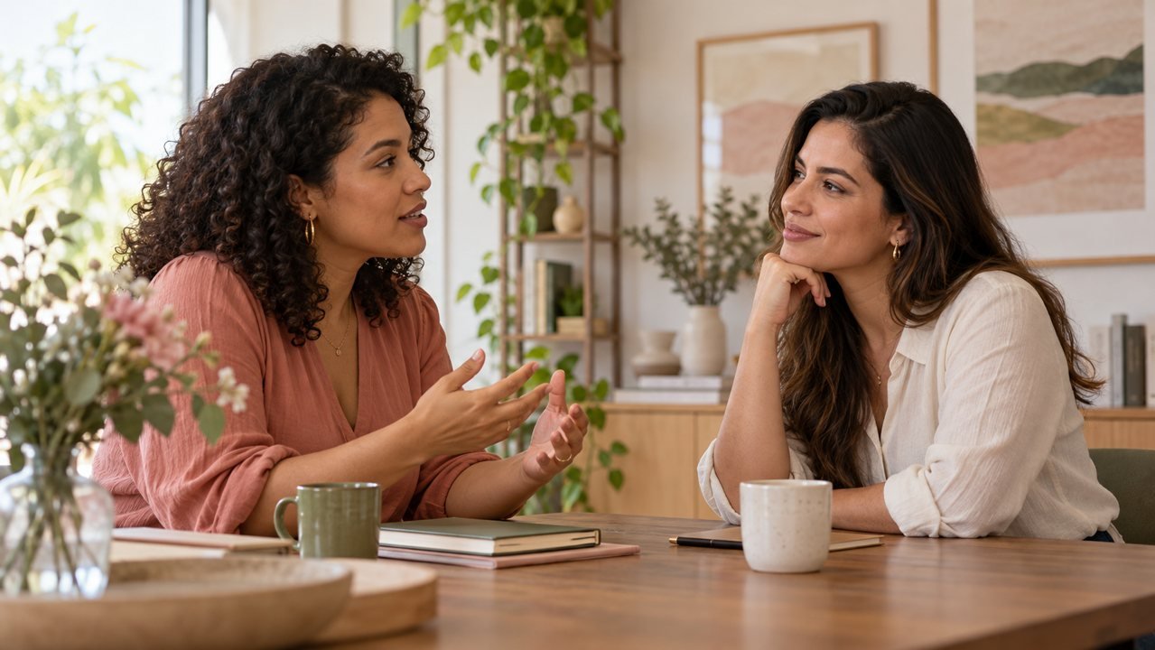 Duas mulheres conversam com atenção em um ambiente tranquilo.