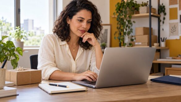 Empreendedora pesquisa no notebook para melhorar a presença digital do negócio