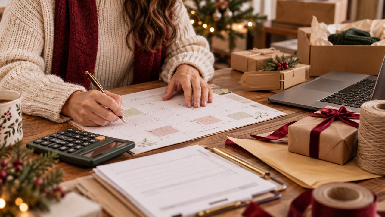 Conferência de calendário financeiro com calculadora e materiais de embalagem sobre a mesa