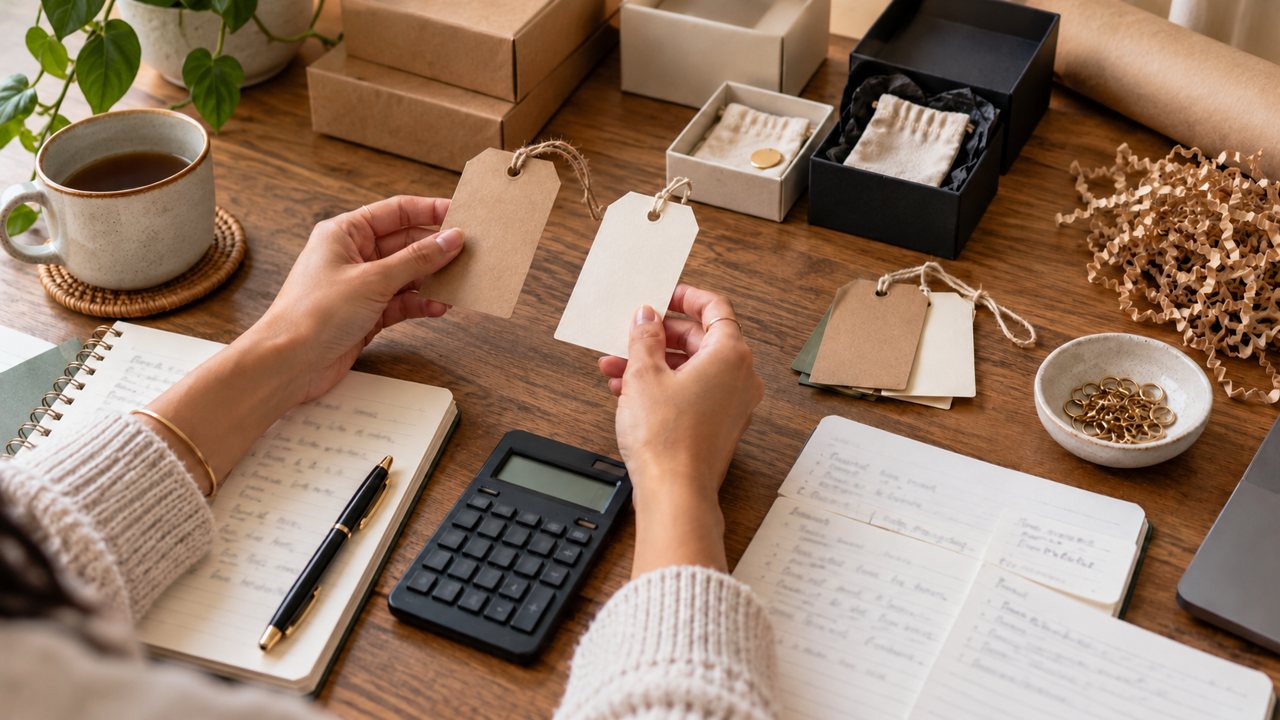 Conferência de etiquetas de produto, anotações e calculadora para avaliar uma oferta