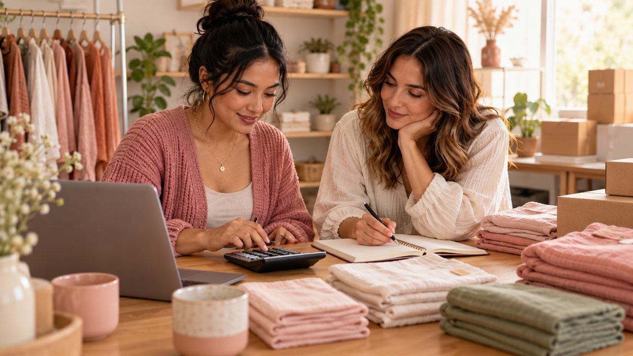 Duas empreendedoras conferem custos com calculadora e caderno