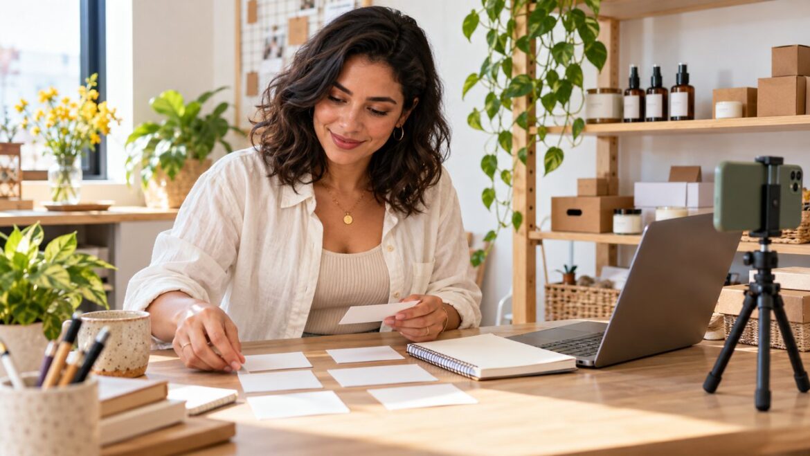 Empreendedora organizando pautas em cartões sobre uma mesa com computador e celular