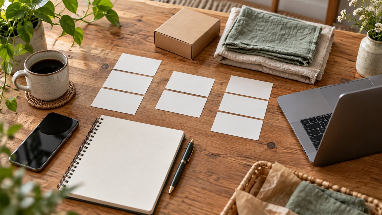 Cartões de pauta sem texto, caderno, celular e produtos organizados sobre uma mesa