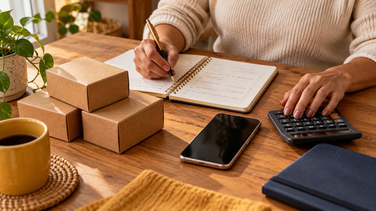 Mãos de empreendedora registram cálculos no caderno ao lado de produtos e calculadora