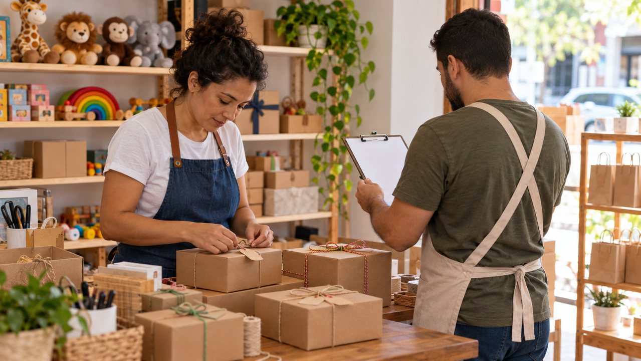 Equipe de uma pequena loja conferindo e embalando pedidos