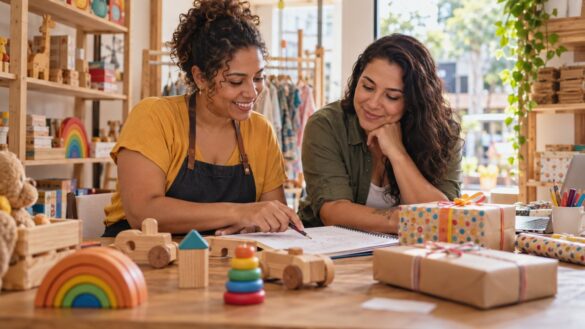Duas empreendedoras planejando uma campanha com presentes e brinquedos sobre a mesa