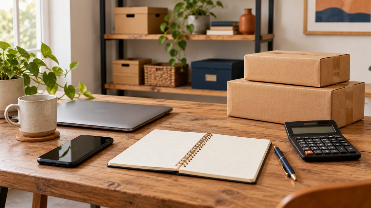 Caderno, calculadora e embalagens sobre uma mesa de trabalho de comércio eletrônico.