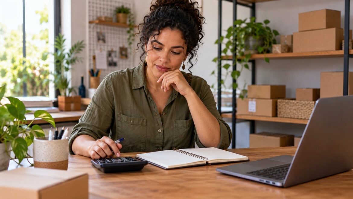 Empreendedora revisando o planejamento financeiro com calculadora, caderno e computador