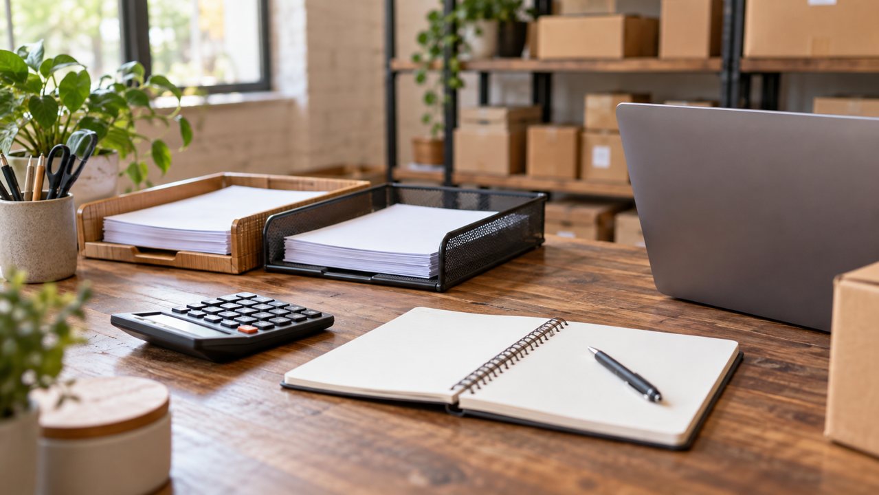 Calculadora, caderno e documentos organizados em uma mesa de planejamento financeiro