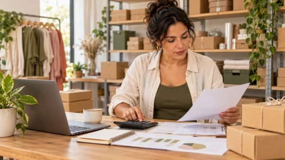 Empreendedora revisando contas e capital de giro em uma pequena loja