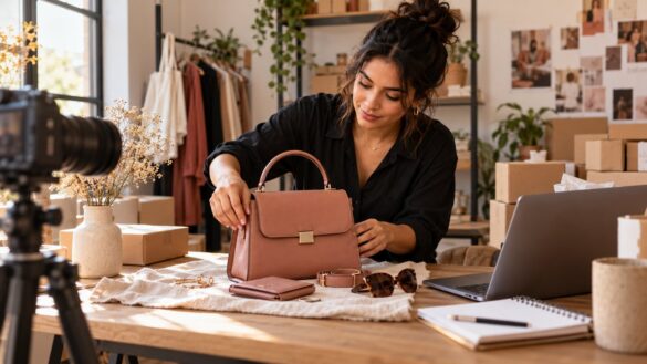 Empreendedora organiza uma bolsa e acessórios para fotografar os produtos em uma pequena loja.