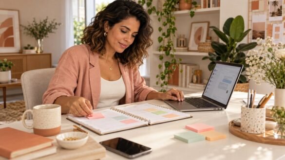 Empreendedora organiza a rotina da empresa com notebook, agenda e notas adesivas