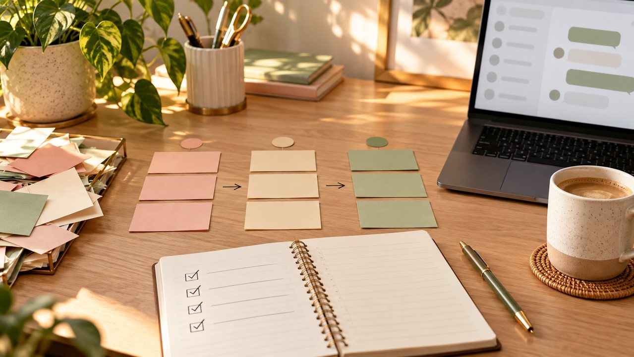 Agenda com checklist e cartões de tarefas organizados ao lado de um notebook