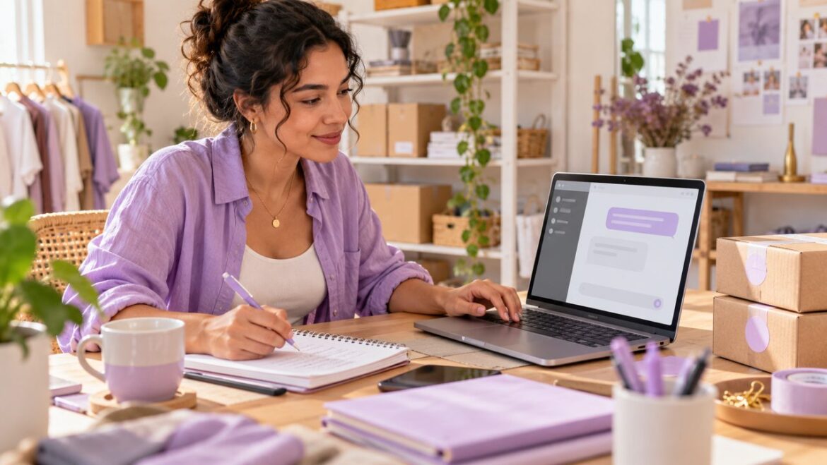 Empreendedora trabalhando no notebook ao lado de um caderno e caixas em uma pequena loja