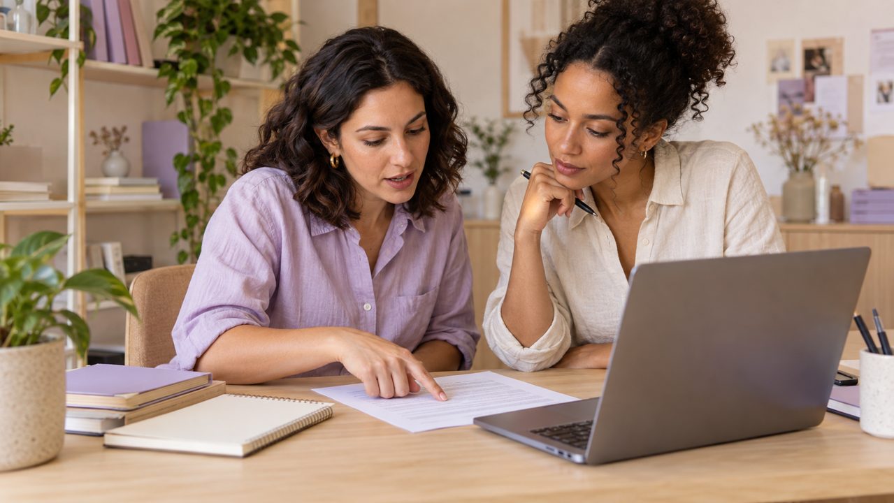 Duas empreendedoras conferindo um documento ao lado de um notebook