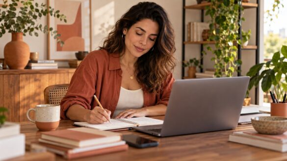 Empreendedora revisando anotações de marketing ao lado do notebook.