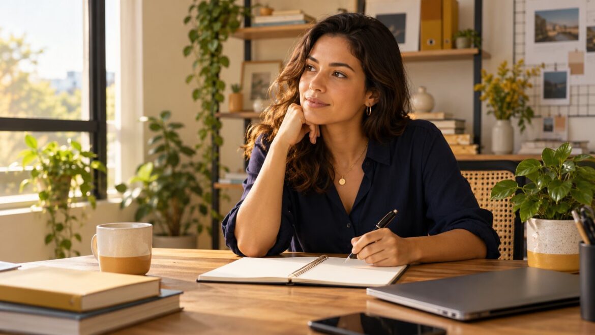 Empreendedora reflete sobre o planejamento da empresa com um caderno aberto à sua frente.
