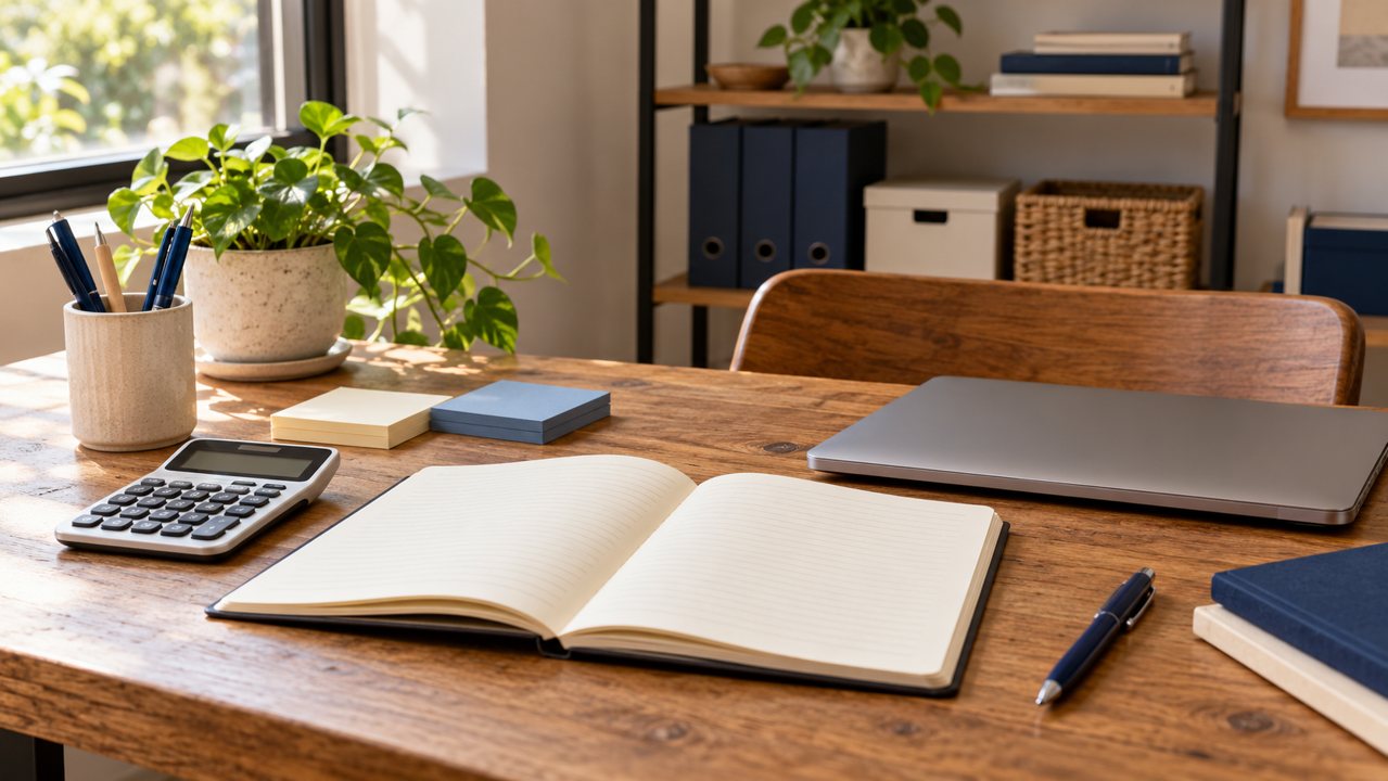 Caderno, calculadora e computador fechado sobre uma mesa de trabalho organizada.
