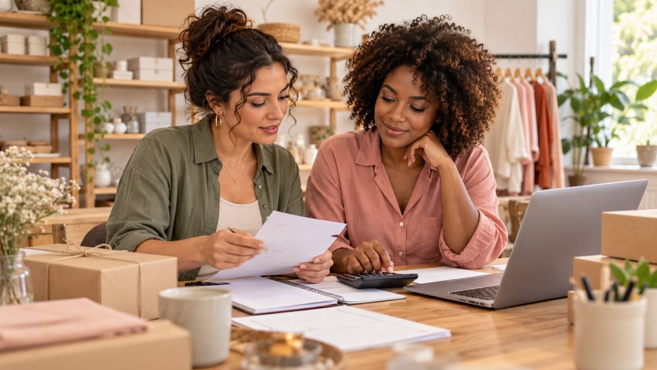 Duas empreendedoras analisam pagamentos com calculadora e documentos