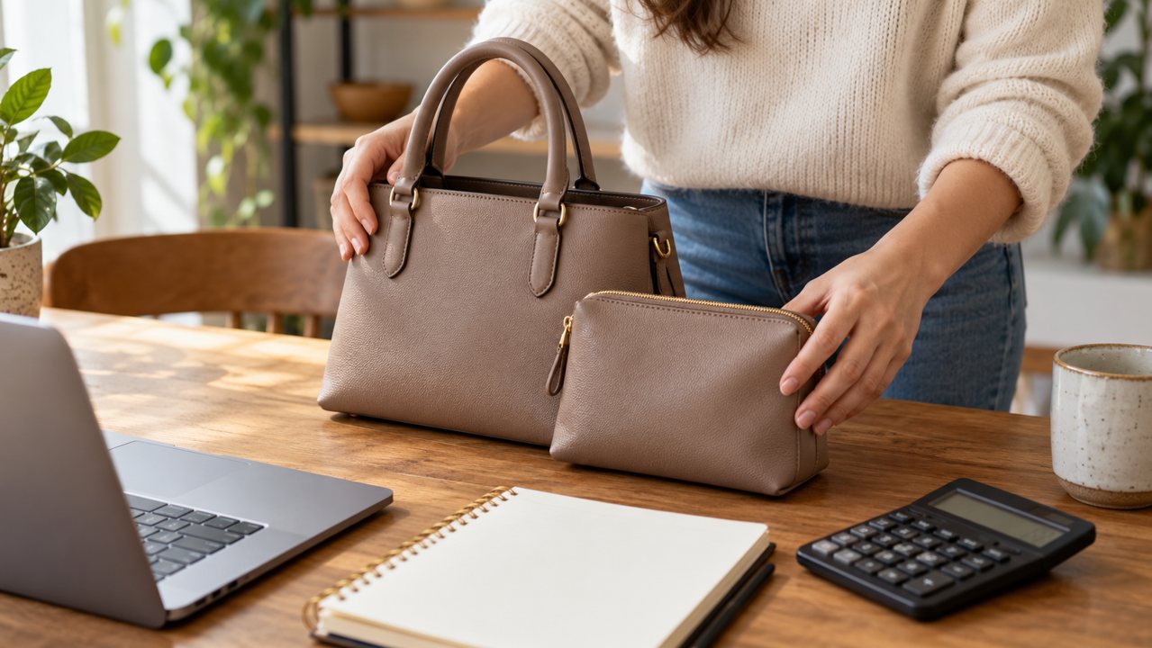Mãos organizam uma bolsa e uma nécessaire como itens separados, ao lado de caderno e calculadora.