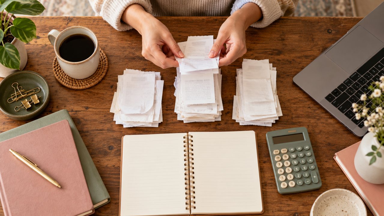 Mãos organizando comprovantes junto de calculadora e caderno para o fechamento mensal