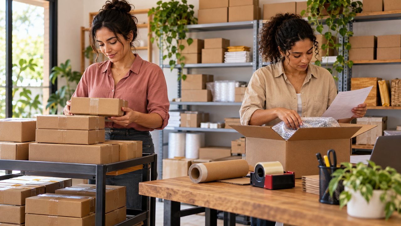Duas integrantes de uma equipe conferem produtos e organizam volumes para envio