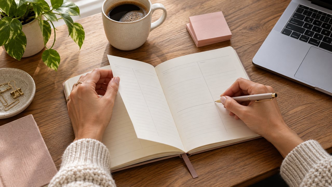 Mãos com caneta e agenda sobre uma mesa de trabalho.