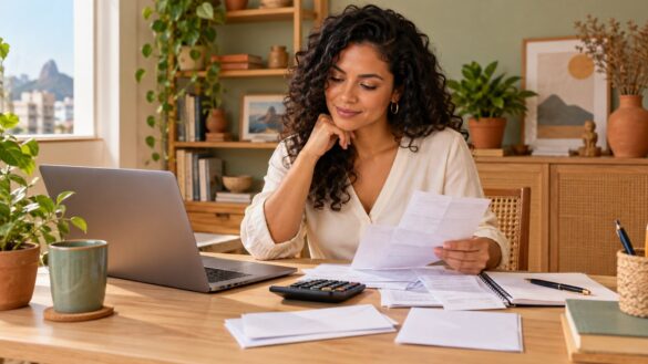 Empreendedora organizando contas atrasadas e receitas variáveis