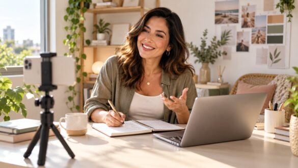 Criadora planejando conteúdo educativo com notebook e celular no tripé