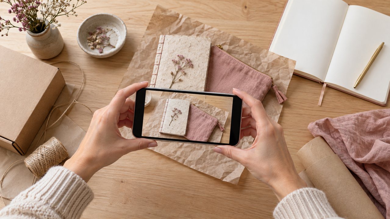 Mãos segurando celular para fotografar um caderno e uma bolsa de tecido.