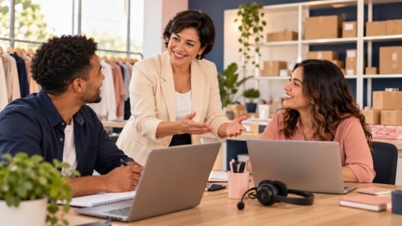 Gestora orienta duas pessoas em uma integração de atendimento