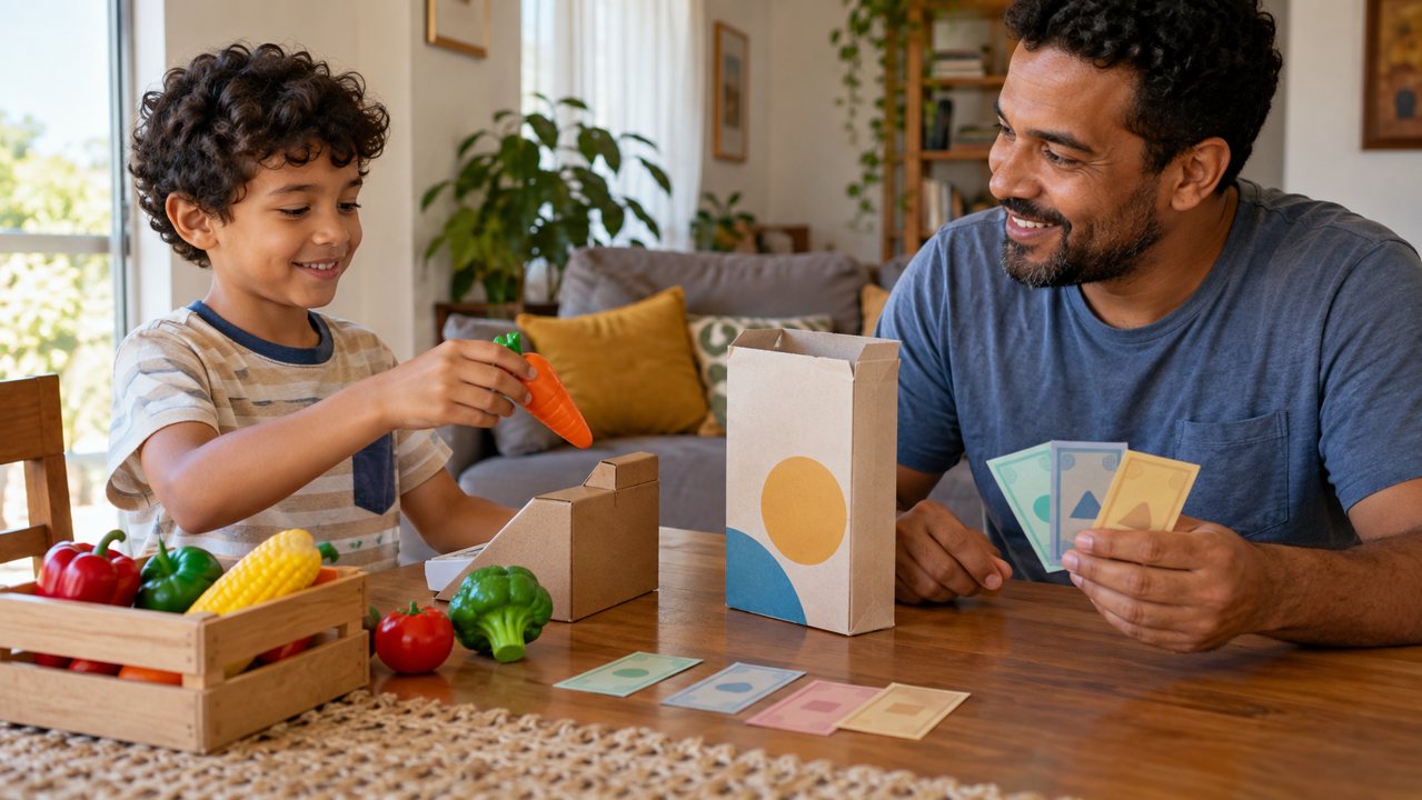 Pai e filho brincando de mercado com alimentos de brinquedo e dinheiro fictício