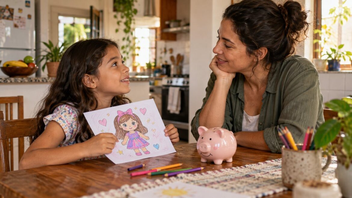 Mãe ouvindo a filha à mesa, com um desenho e um cofrinho ao lado