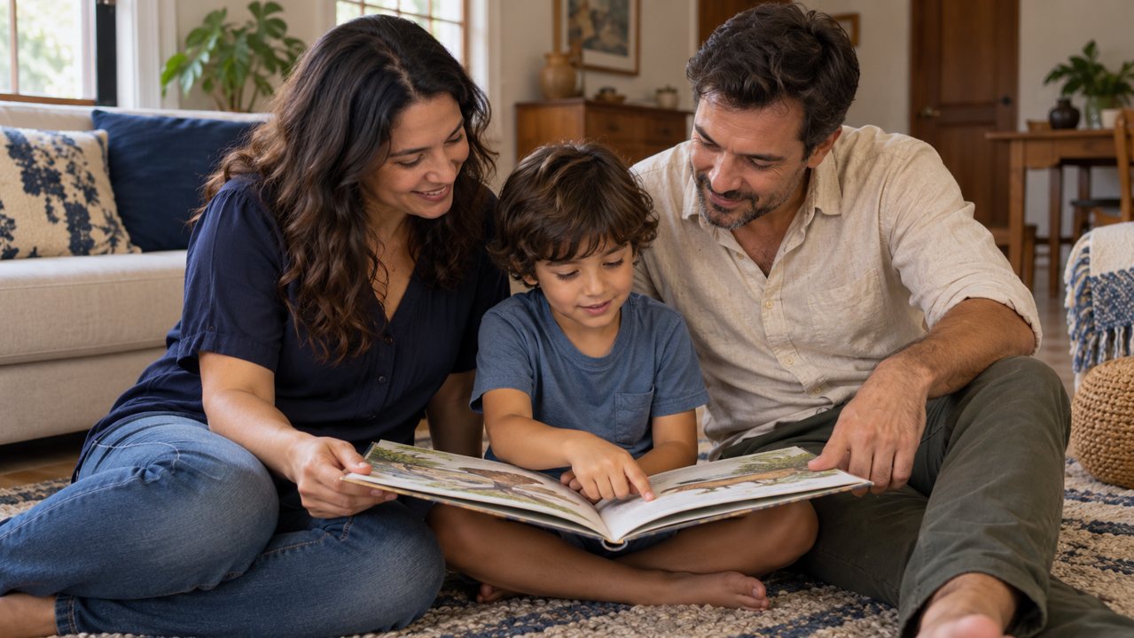 Dois adultos e uma criança olham juntos um livro na sala de casa.