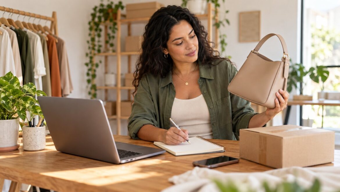 Empreendedora conferindo uma bolsa e anotando informações para montar sua loja virtual