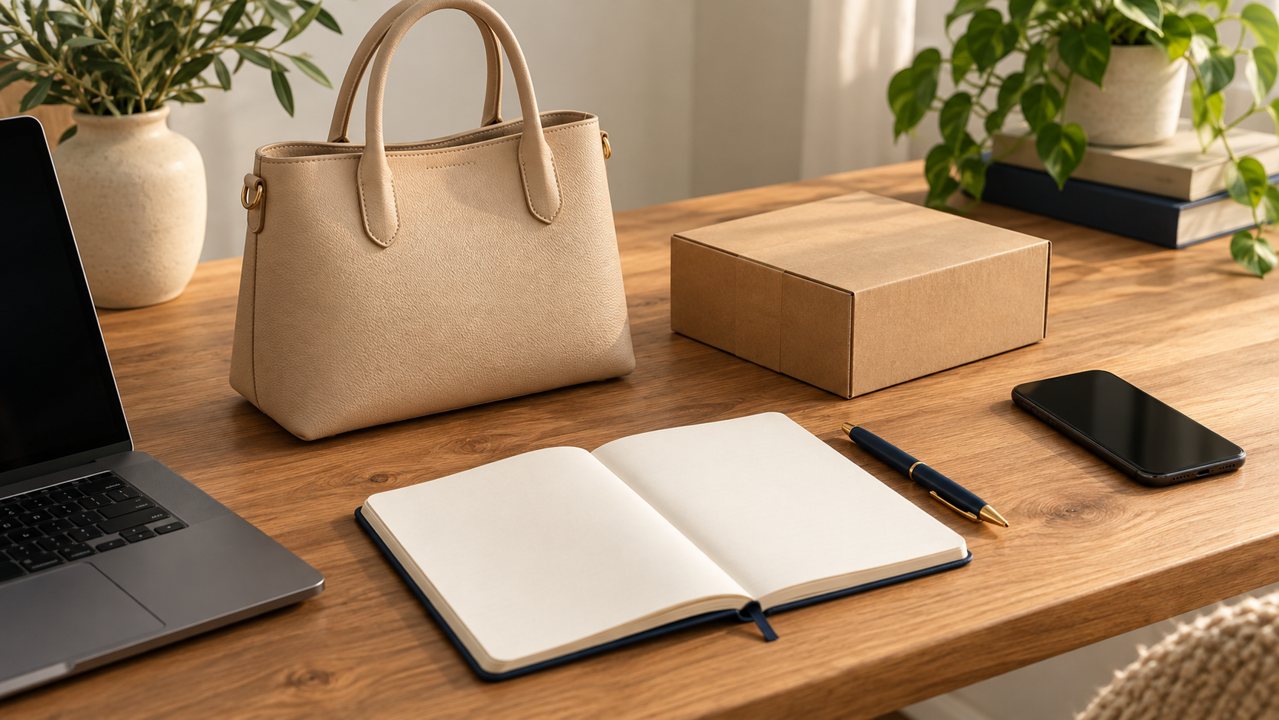 Bolsa, caderno, caixa e notebook em uma mesa de preparação de loja virtual