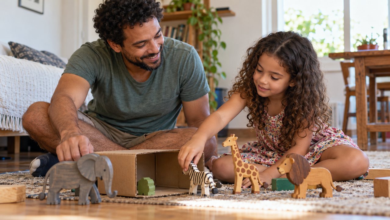 Pai e filha inventando uma brincadeira com caixa aberta e animais de brinquedo