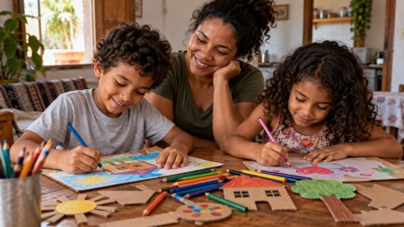 Mãe acompanhando os filhos enquanto desenham livremente com lápis coloridos