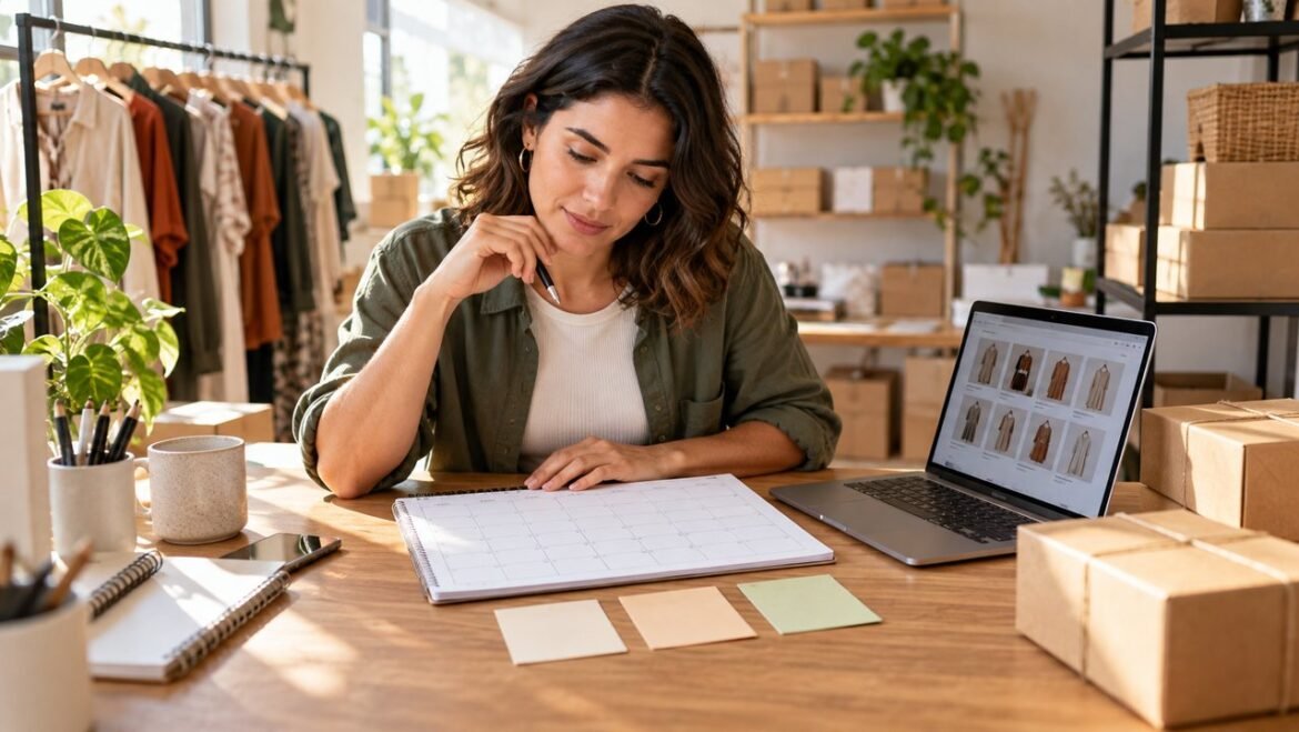 Empreendedora organizando o calendário de conteúdo ao lado de notebook e caixas de pedidos.