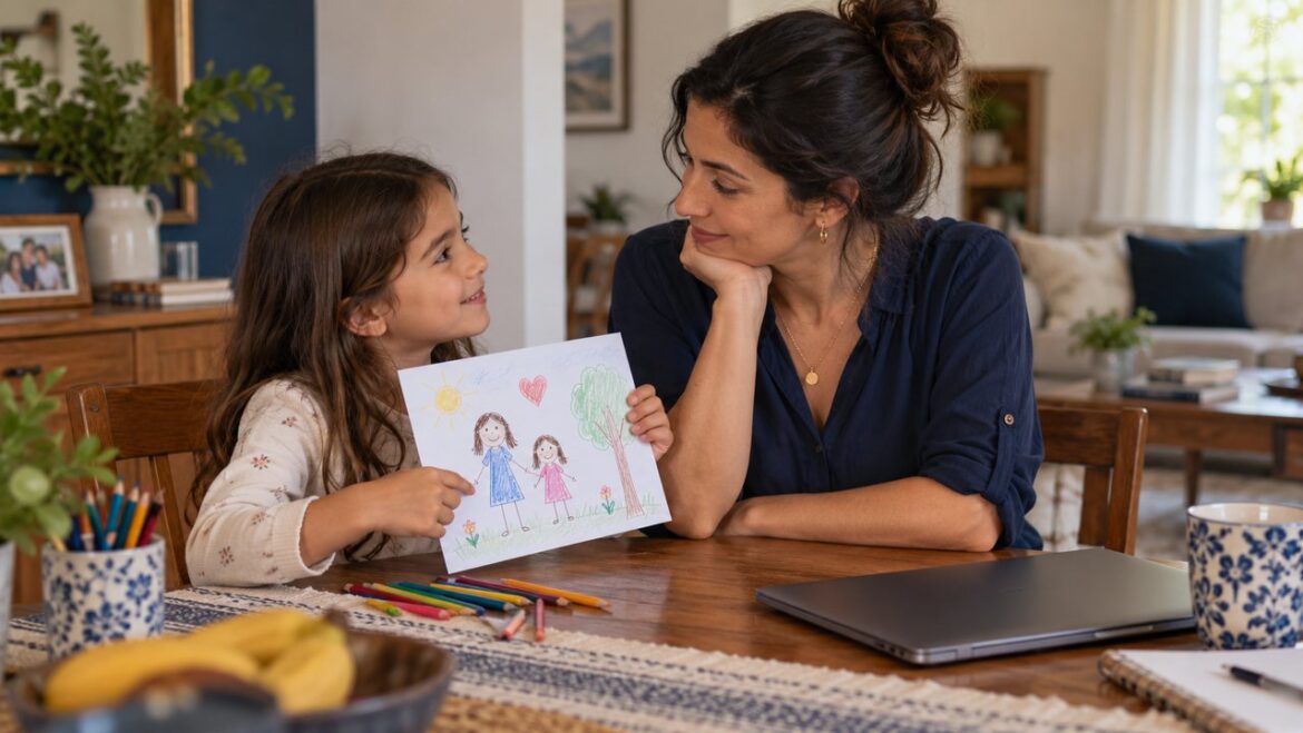 Mãe acompanha a filha mostrando um desenho, com o computador fechado sobre a mesa.