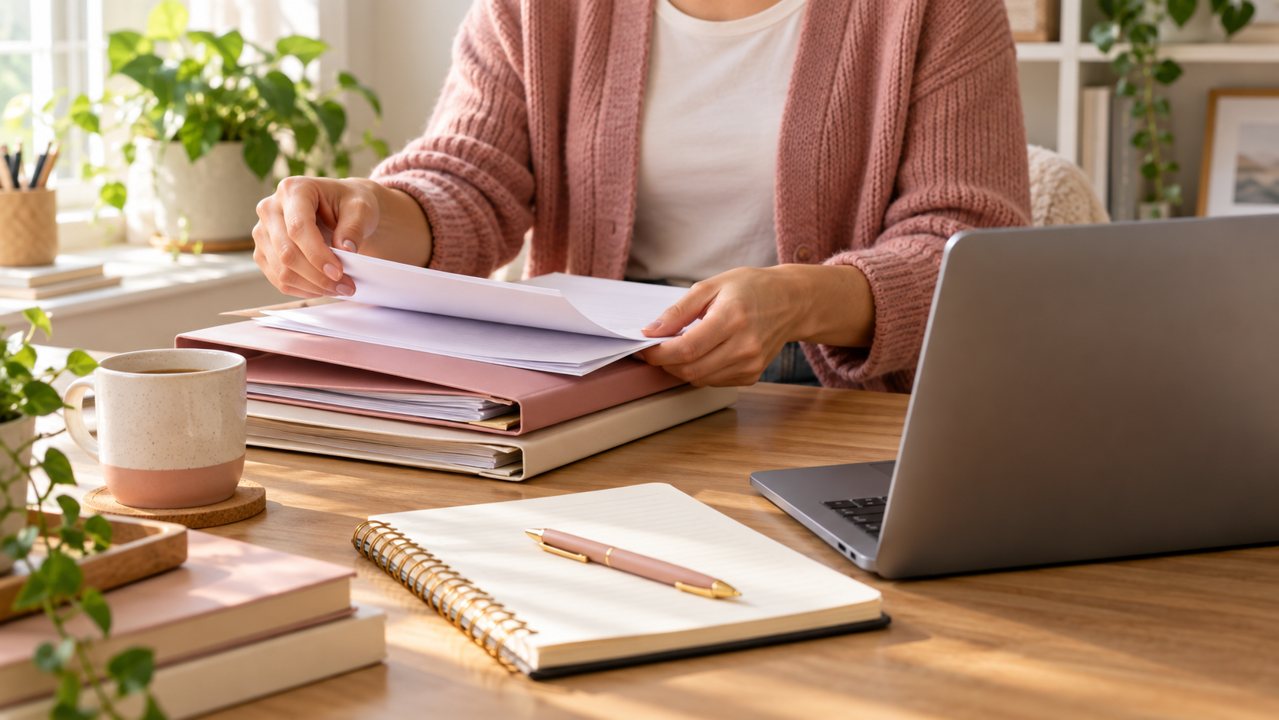 Mãos organizando papéis e pastas ao lado de um caderno e computador.