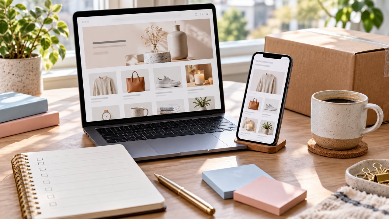 Notebook e celular com loja virtual ilustrativa ao lado de checklist e caixa de envio
