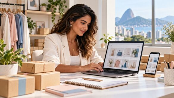 Empreendedora prepara a campanha online da loja com notebook, celular e caixas de pedidos