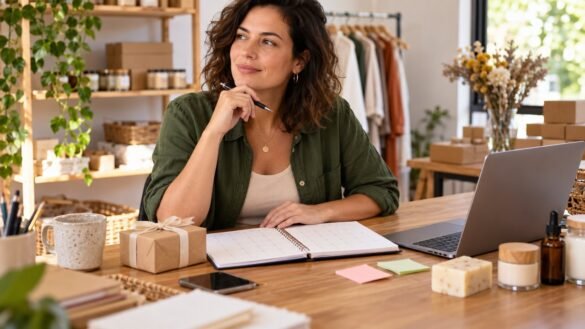 Empreendedora planejando campanhas com calendário, notebook e produtos sobre uma mesa.