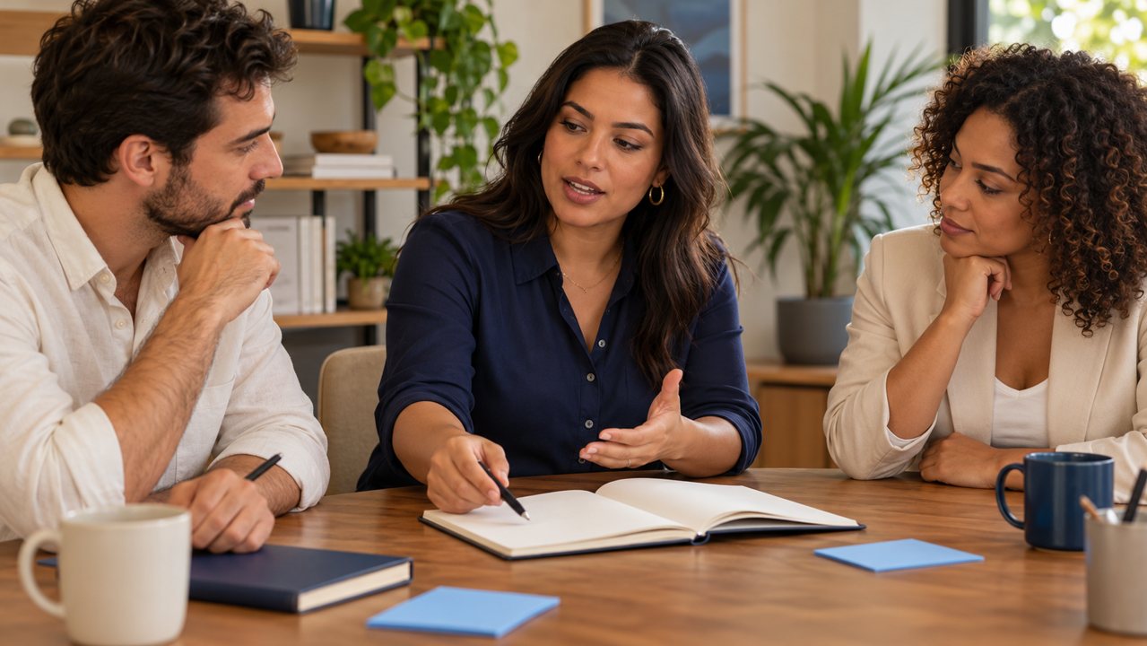 Líder e duas pessoas da equipe conversam sobre a organização do trabalho em uma mesa.