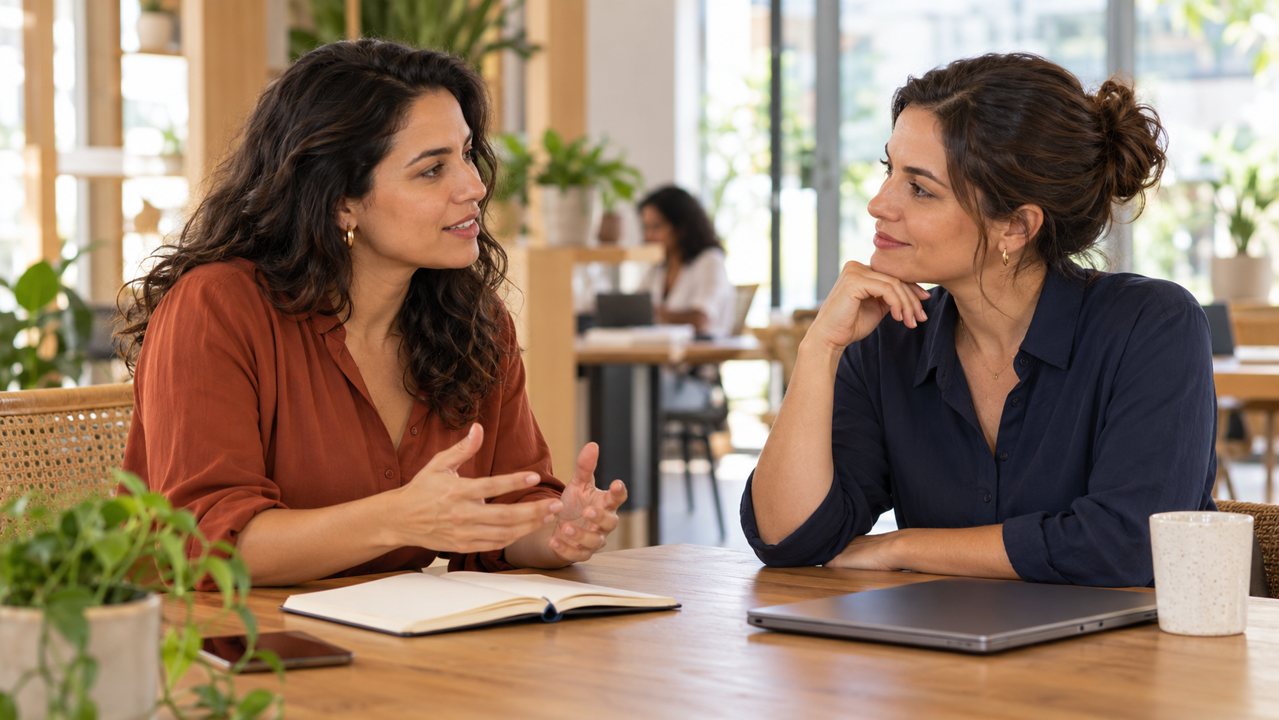 Duas empreendedoras conversando sobre uma possível colaboração profissional