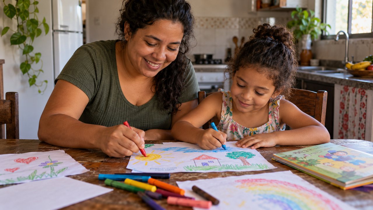 Mãe e filha desenhando juntas com papel e materiais simples sobre uma mesa