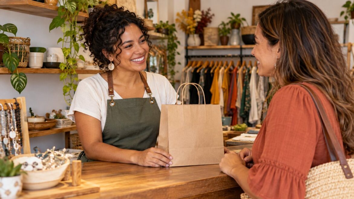 Empreendedora conversando com uma cliente no balcão de uma pequena loja