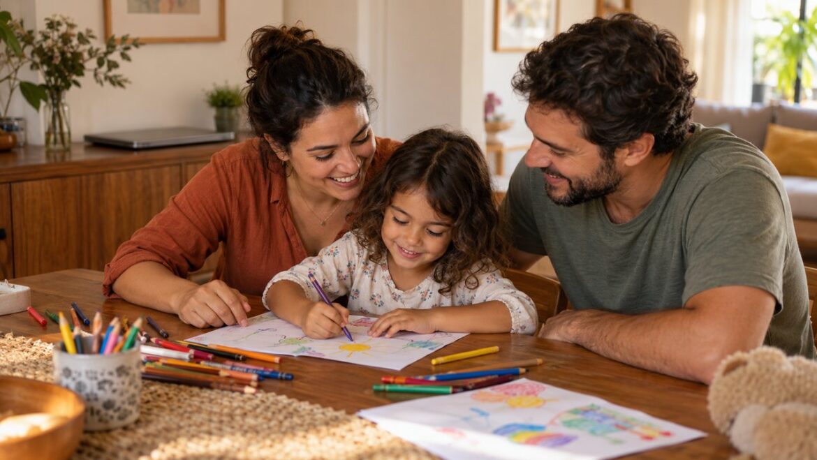 Mãe, pai e criança desenhando juntos à mesa, com notebook fechado ao fundo