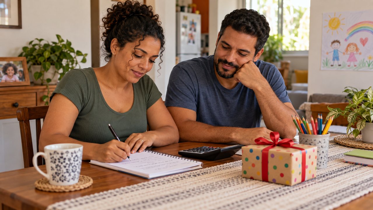 Casal planejando os gastos em um caderno ao lado de uma calculadora e um presente infantil